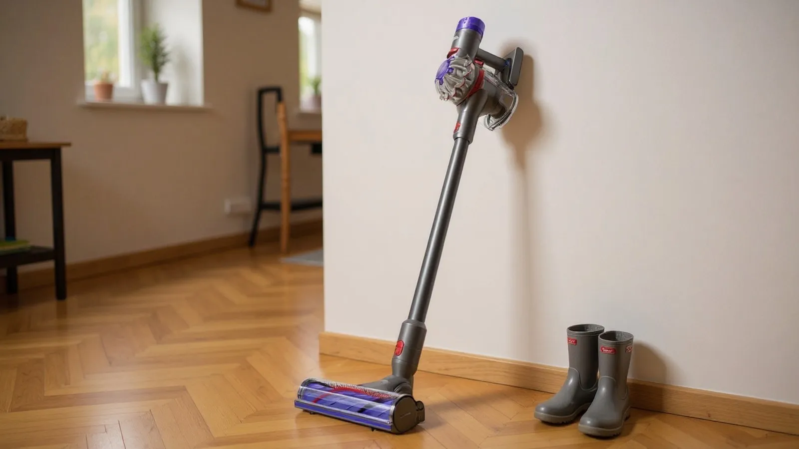 Oranger Dyson-Stabsauger an der Wandhalterung, davor Gummistiefel, Kinderschuhe und ein Spielzeugbagger auf einem Teppich.