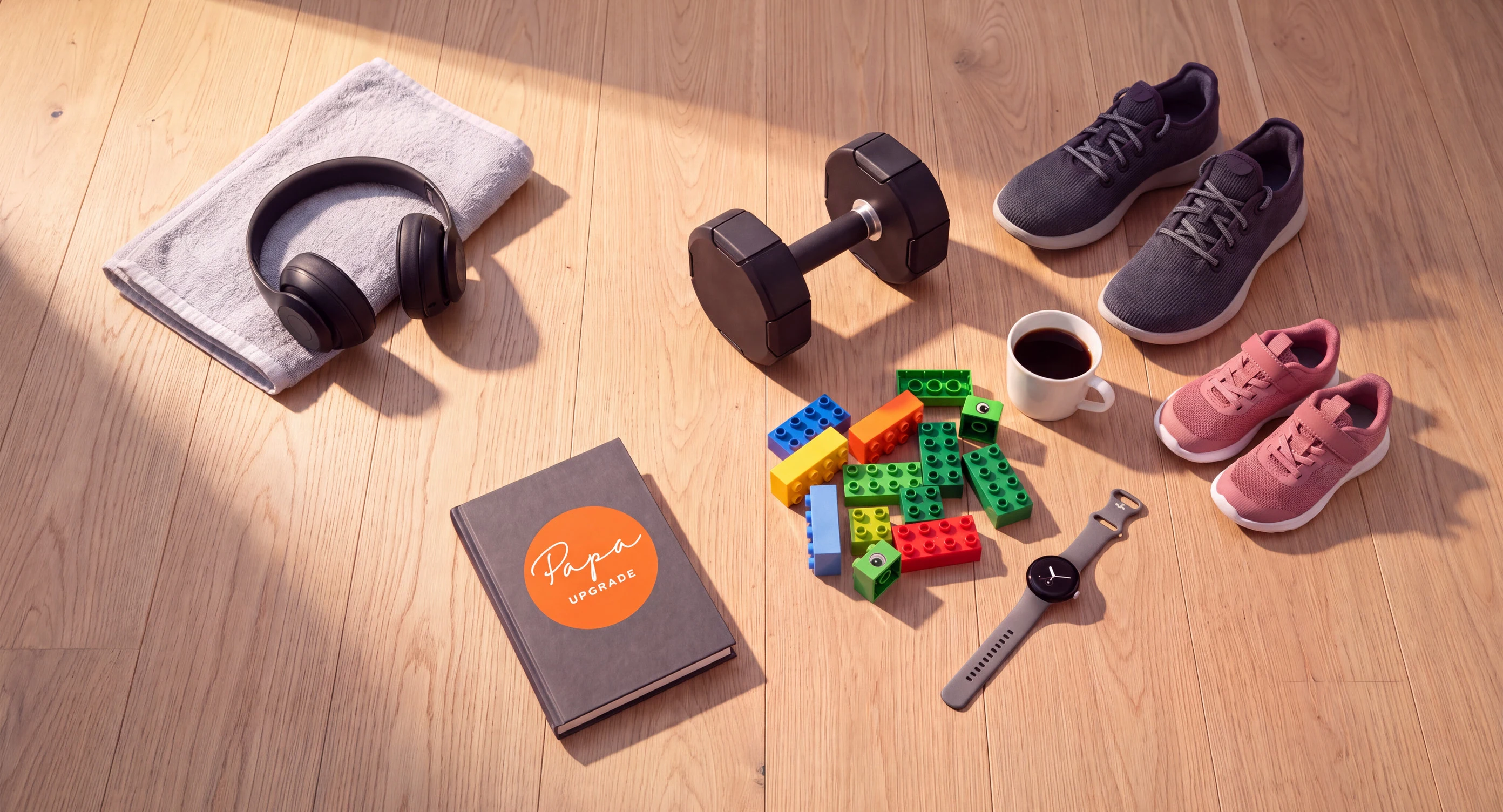 Flatlay auf hellem Eichenholzboden mit Handtuch, Kopfhörern, Buch mit Papa-Upgrade-Logo, Kaffee, Hantel, Duplo-Steinen, Pixel Watch und Laufschuhen für Papa und Tochter