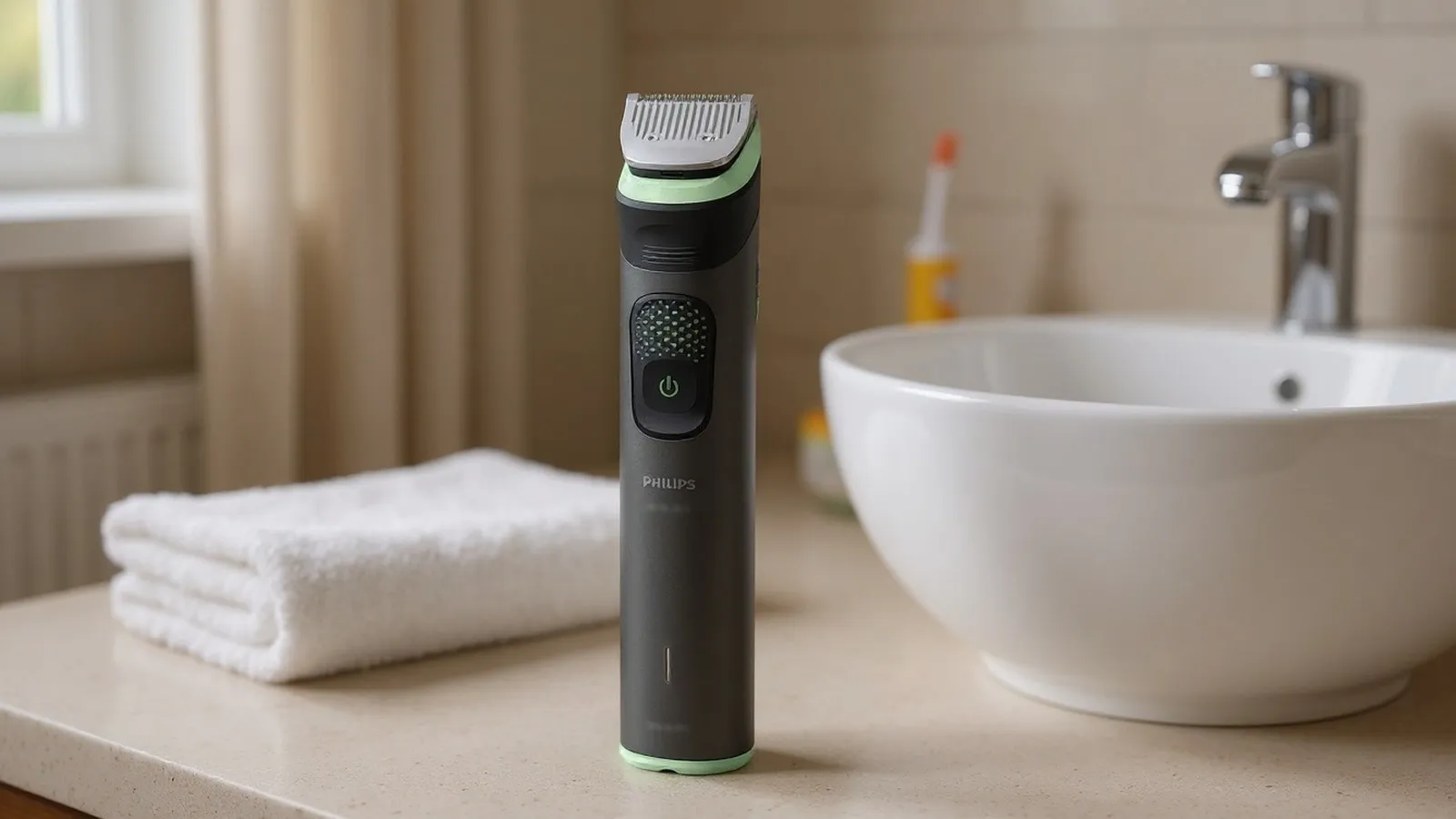 Grüner Philips-Multigroom mit Kammaufsätzen, Scherkopf und Ladestation auf einer Holzplatte.