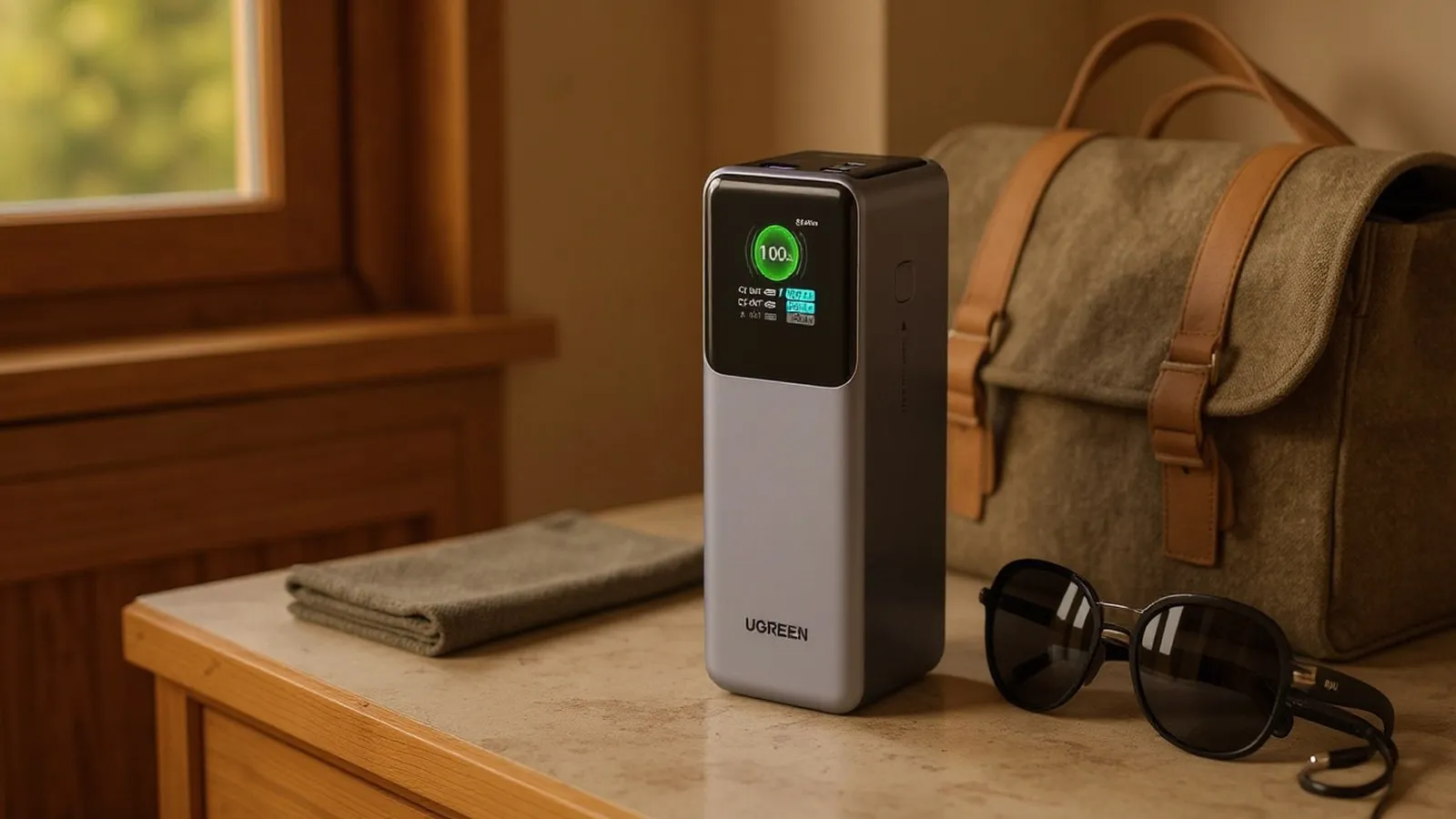 Schwarze UGREEN-Powerbank mit leuchtendem Display, an der ein Smartphone und ein Laptop mit USB-C hängen.