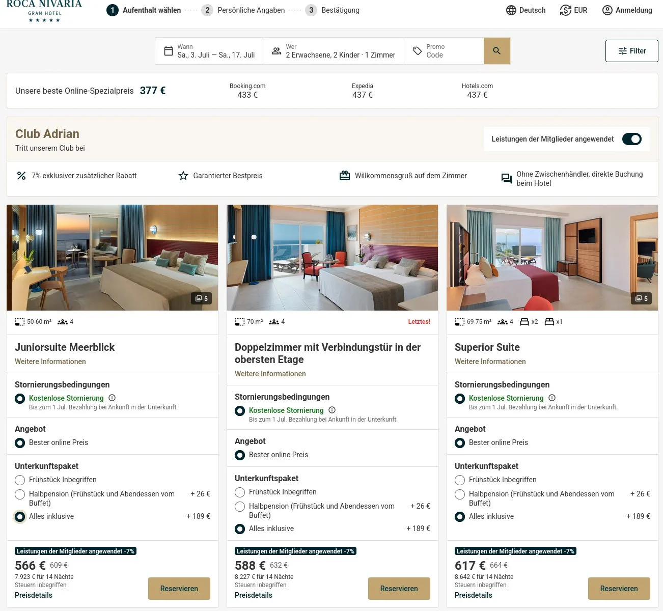 Hotelbuchung Deutschland am Desktop: Superior Suite, 617 Euro pro Nacht, 8.642 Euro gesamt, kostenlose Stornierung bis 1. Juli 2027.
