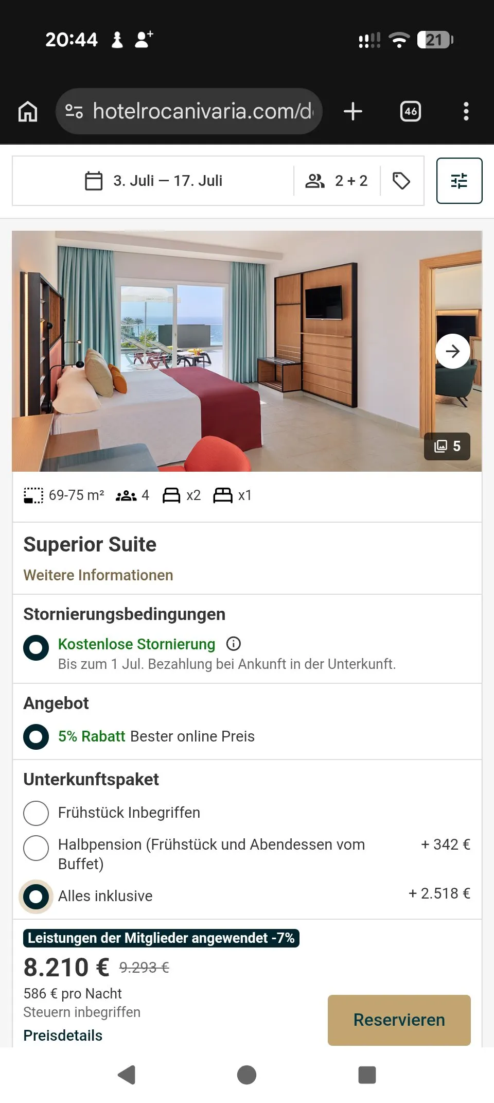 Hotelbuchung Deutschland auf dem Handy: Superior Suite, 586 Euro pro Nacht, 8.210 Euro gesamt.
