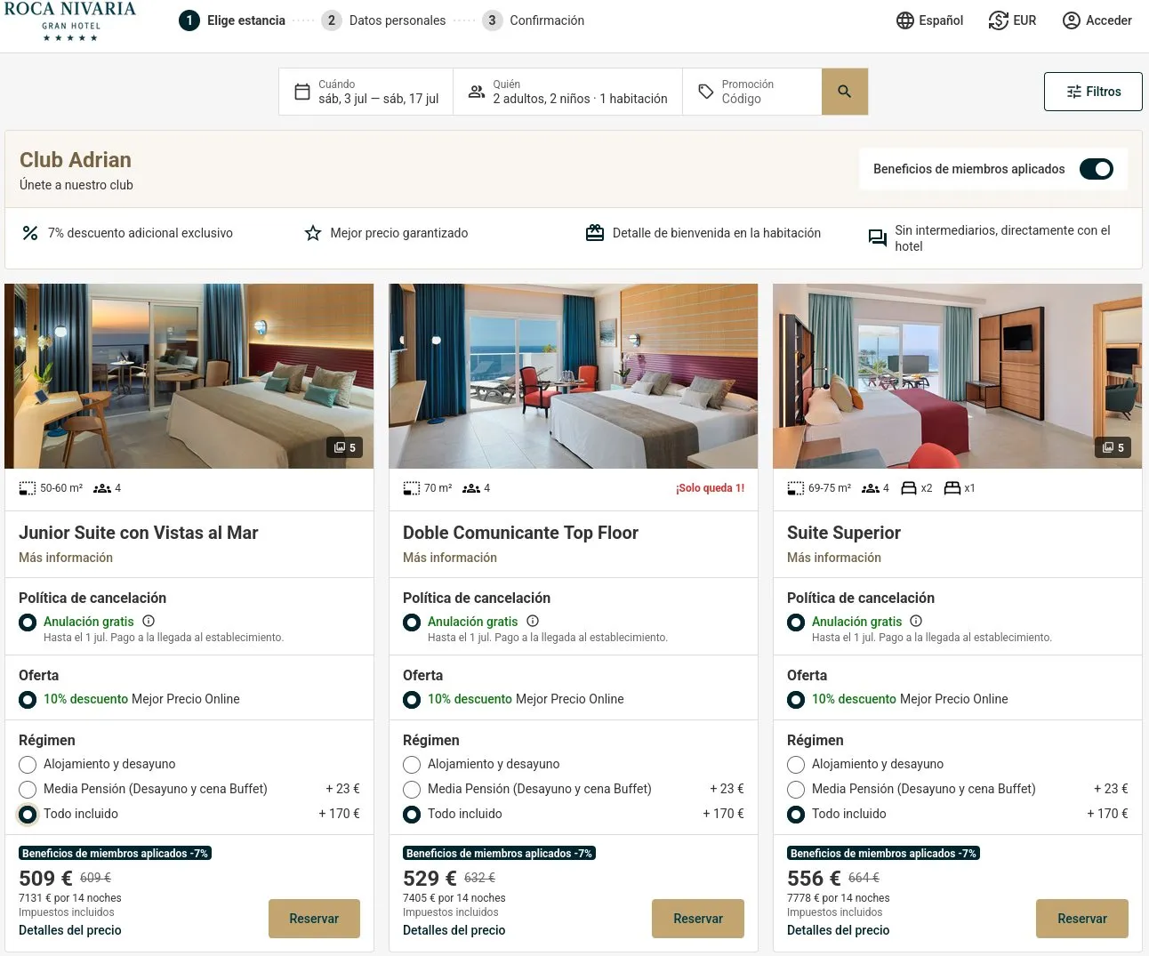 Hotelbuchung über einen US-Anschluss am Desktop, Oberfläche auf Spanisch: 556 Euro pro Nacht, 7.778 Euro gesamt.