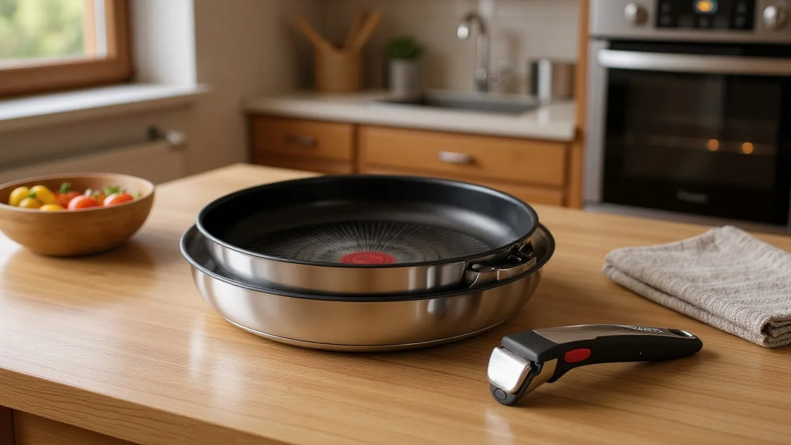 Gestapelte Tefal-Pfannen mit abgenommenem Griff auf einem Holzbrett, daneben Zitronen, Knoblauch und Kräuter.